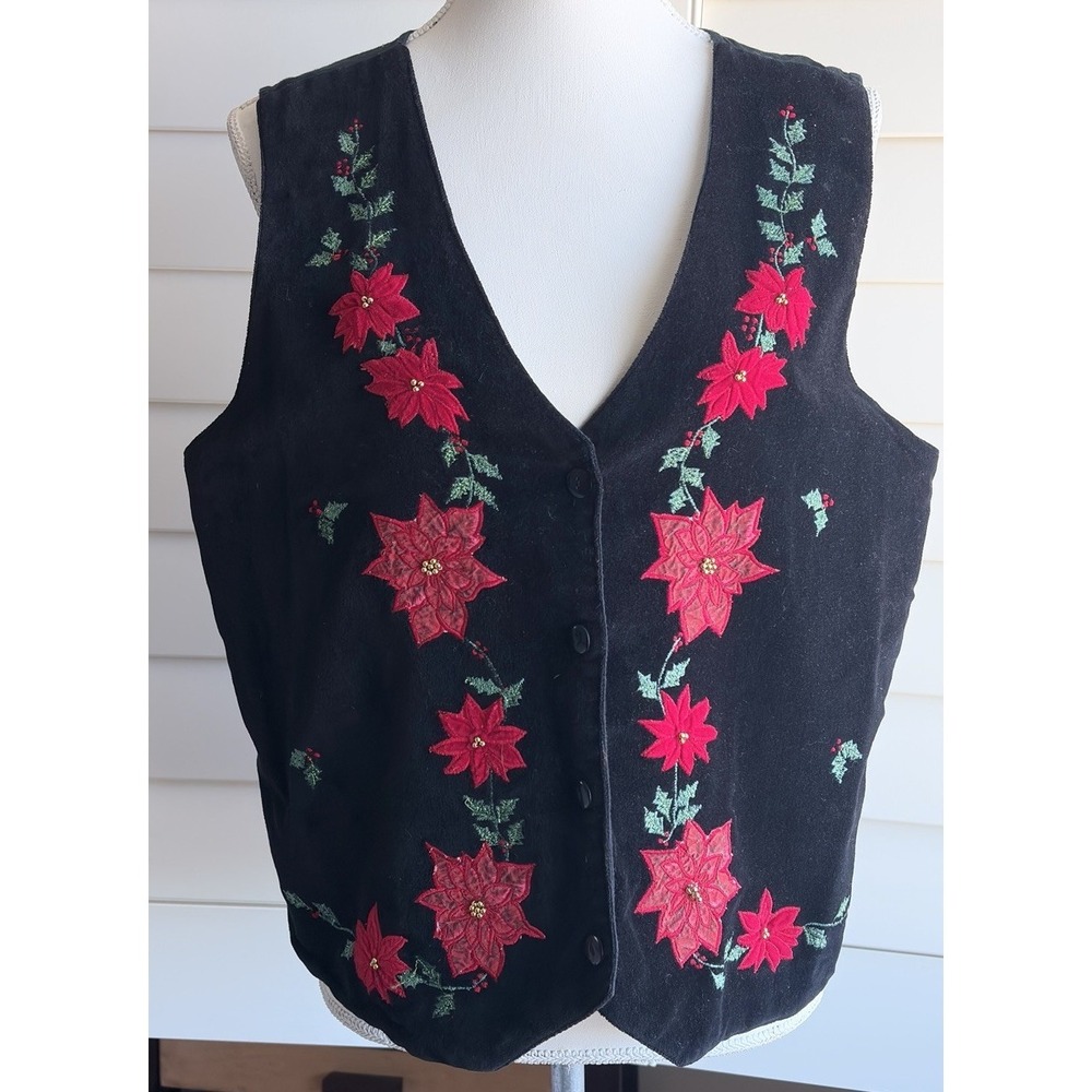 VTG Casey & Max‎ Poinsettia Embroidered Black Velvet Vest L Gold Beads 90s